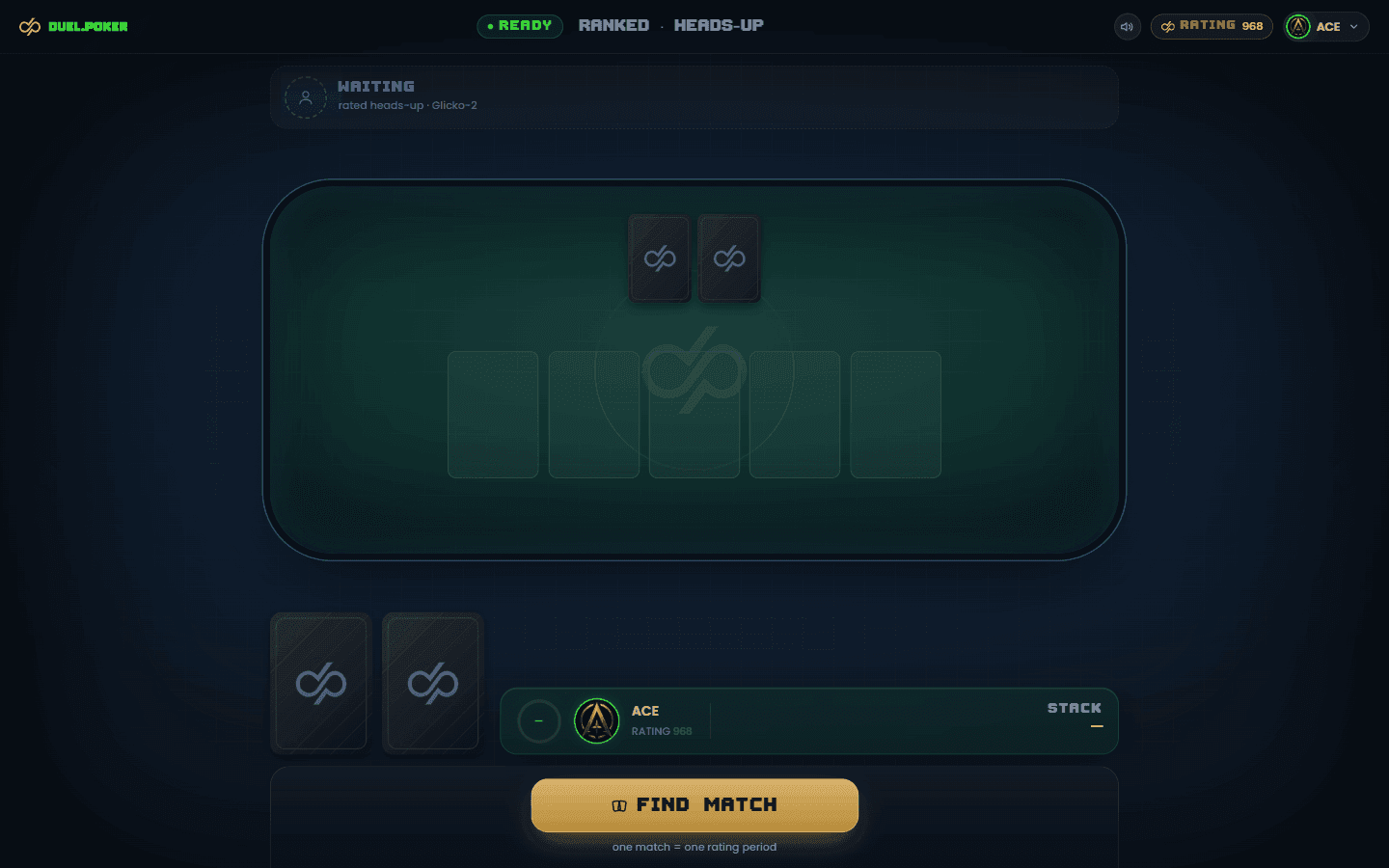 The Duel arena on desktop: both seats, the felt, and the find-match control.