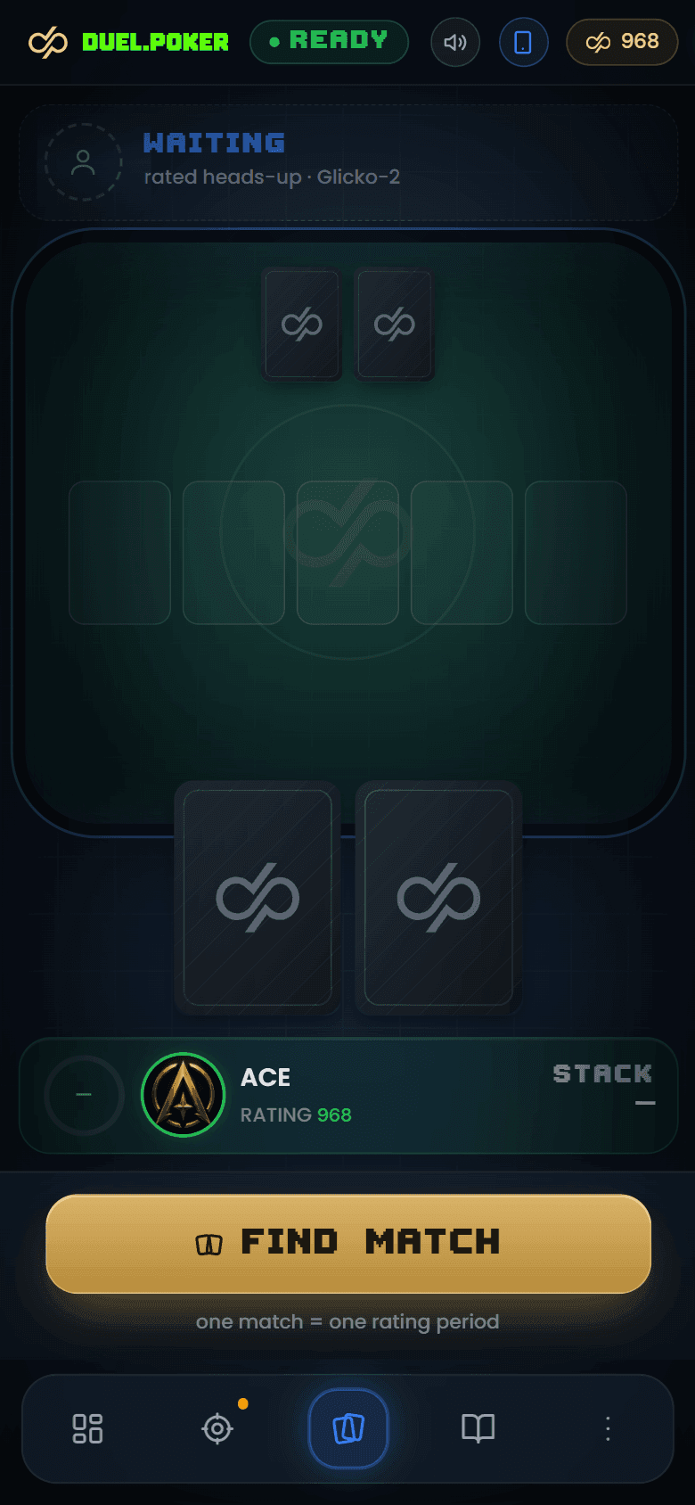 The Duel arena on a phone, showing the same table laid out for a narrow screen.